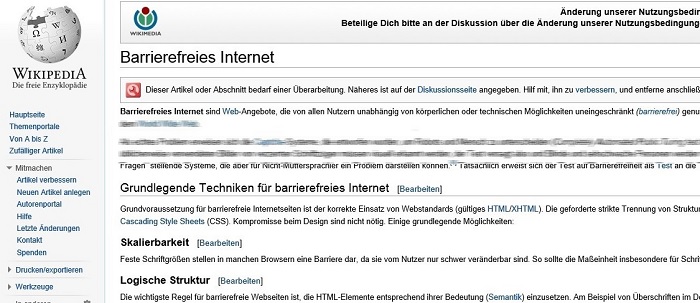 Screenshot: Wikipedia „Barrierefreies Internet“. Hier wird als Kriterium der grundlegenden Techniken für barrierefreies Internet als erstes die Skalierbarkeit genannt