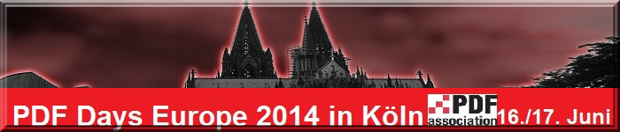 Collage: stilisierter farbiger Ausschnitt Kölner Dom ; Text: PDF Days Europe 2014, sowie Logo PDF Association