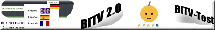 BITV 2.0, BITV - Test. Sprachswitcher mit Text und Flagge. Smiley mit 1 grauem Haaren.