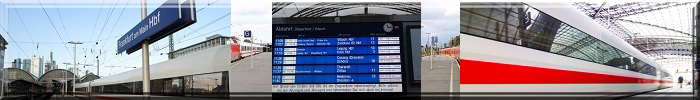 Collage aus Bahnhofsfotos: Anzeigetafel, Zug, Bahnsteigabschnitte