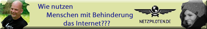 Logo: Netzpiloten.de sowie Portraits von Anna Maria Landgraf und Jan Hellbusch mit Schriftzug: "Wie nutzen Menschen mit Behinderung das Internet?"