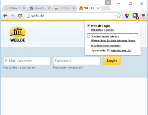 Screenshot von von web.de mit ausgeklapptem Kontextmenü von Stylish – es ist nur noch die Anmeldung ohne Werbung usw. sichtbar