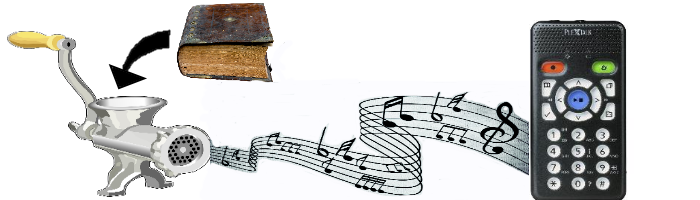 Ein Buch wird in einen Fleischwolf geworfen aus dem dann Musiknoten zu einem Daisyplayer fliegen.