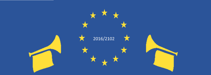 Die Europaflagge mit Fanfaren und der Beschriftung 2016/2102