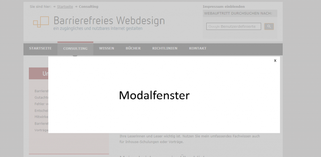 Startseite 2bweb.de der Hintergrund ist ausgegraut, ein Modalfenster ist im Vordergrund