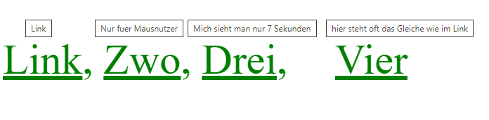 Die Links Link, Zwo, Drei, Vier mit unterschiedlichen Tooltips.