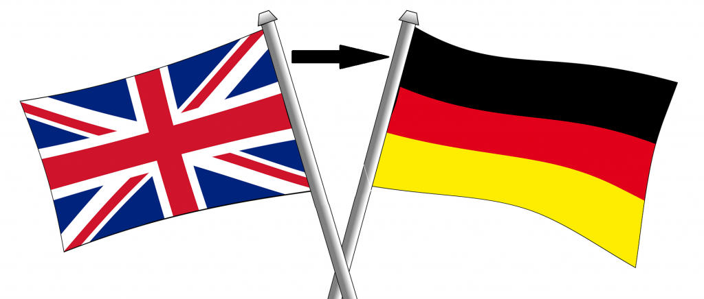 Pfeil nach rechts zwischen britischer Flagge und deutscher Flagge