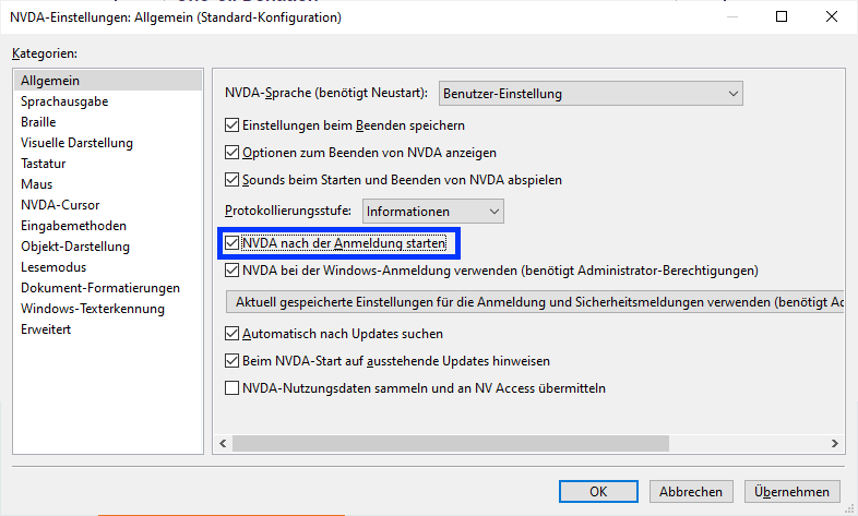 Screenshot: NVDA_Einstellungen für Autostart 