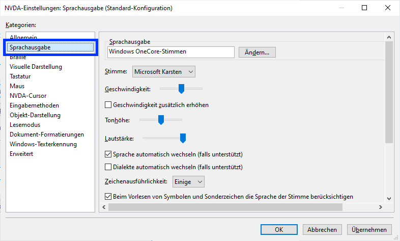 Screenshot: Einstellung für Sprachausgabe