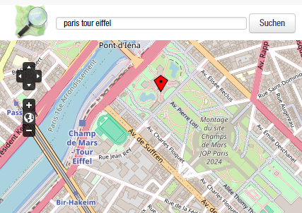 Open Street Maps: Ansicht von Paris. Auf der Karte sind u.a. vier Schaltflächen, um den Kartenausschnitt zu verschieben.