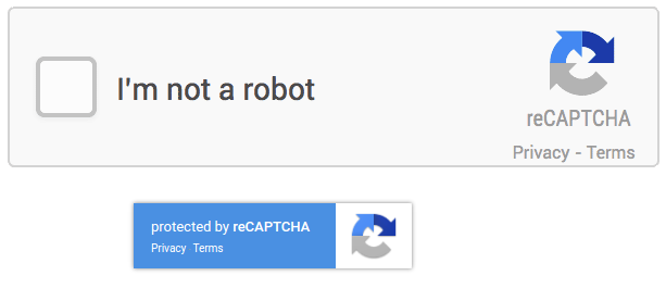 Zwei Screenshots: Im ersten ist ein Kontrollfeld 'I am not a robot' erkennbar und im zweiten steht einfach nur "Protected by reCAPTCHA'.